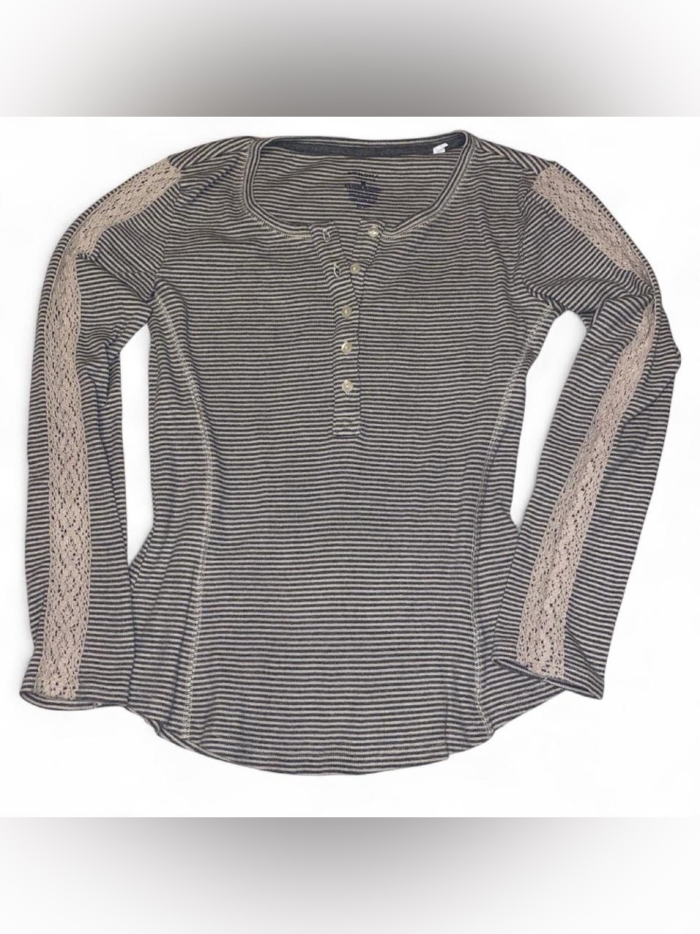 Sonoma Gray & White Striped Long Sleeve Henley Top with Lace Sleeve Detail